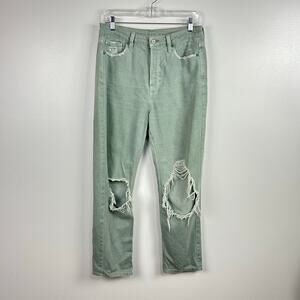American Eagle Mom Straight Jeans Sage Green Distressed Denim Women’s Size 10